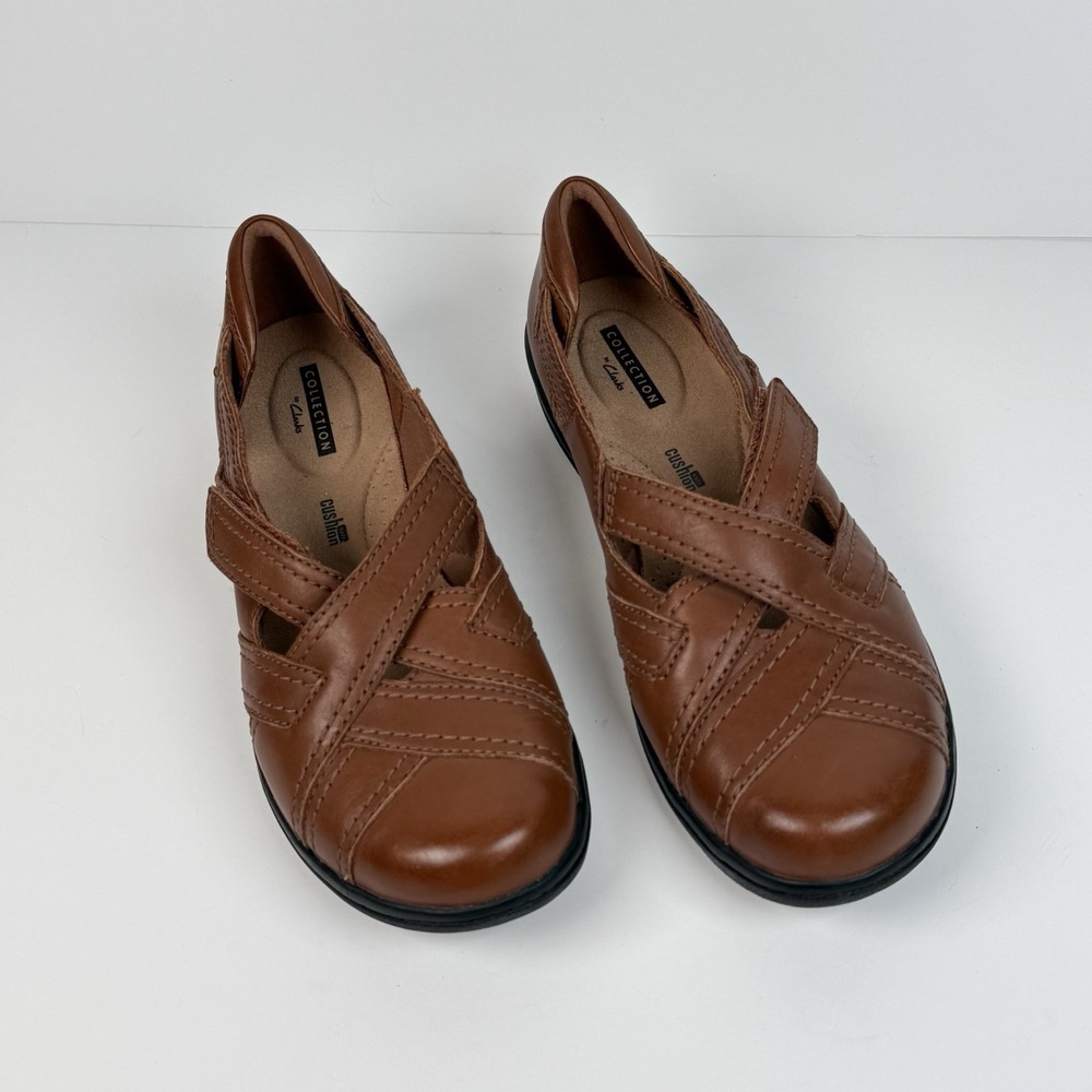 Clarks Collection Cheyn Wale Brown Leather Shoes Hook & Loop Mary Jane Women 8M
